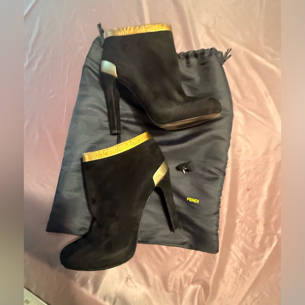 FENDI Black Gold Suede Leather Ankle Heeled Boots Size 37/7 w/Dustbag MSRP $990 - Picture 9 of 14